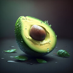 A juicy half of a cut avocado with a pit. Water drops on avocado and avocado leaves lie on the table. Black background.. AI generated.