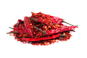 heap of ground dried chili pepper flakes and whole pods isolated on white background