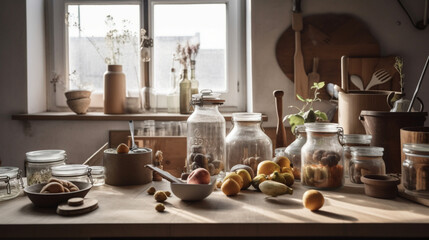 Fototapeta na wymiar mason jars filled with fruit in kitchen