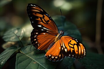 Fototapeta na wymiar butterfly perched on a green leaf in nature. Generative AI