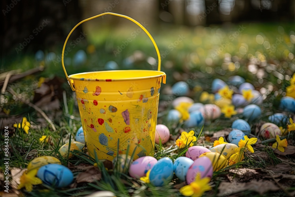Poster yellow bucket filled with colorful painted eggs resting in the grass. generative ai