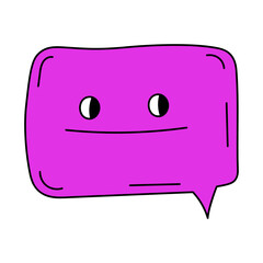 Cartoon bubble speech character with smile. Violet decorative funky vector button character isolated on white
