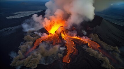 Volcano eruption aerial view. Generative AI