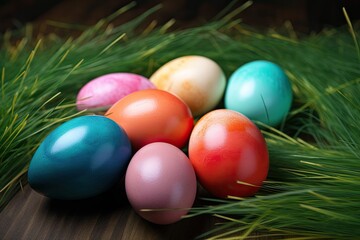 Fototapeta na wymiar vibrant pile of Easter eggs on a rustic wooden tabletop. Generative AI