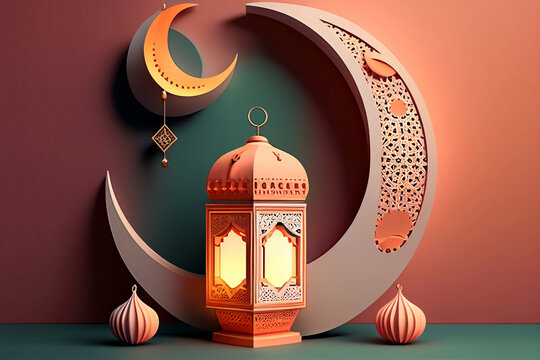 Eid Mubarak greeting card. Happy Ramadan. Happy raya at the pastel color background. Generative AI.