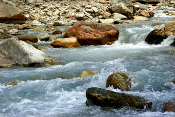 Ice cold Lachung river flowing out of glacier at Yumesamdong, Zero point,Sikkim, India. Altitude of 15,300 feet, last outpost of civilization and there is no road ahead. India China border. Himalayas.