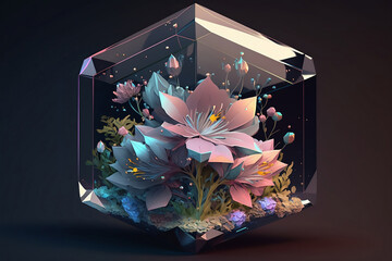 Isometric crystal flower at the dark background. Generative AI.