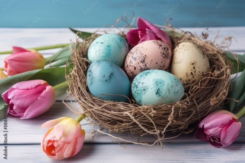 Poster bird nest with eggs on a table. generative ai
