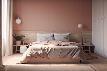 cozy bedroom with a pink accent wall, a comfortable bed, and stylish nightstands. Generative AI