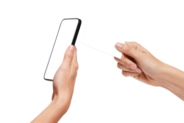 Woman Paying with a credit card in a terminal that is a mobile phone, NFC wireless payments, Contactless	