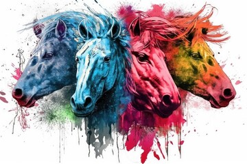 three horses standing together in a field. Generative AI