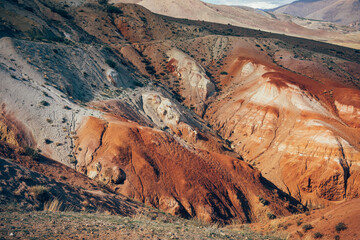 Structure of red sandstone surface close-up. Incredible sand dunes in altai mountains.