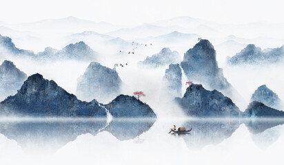 Chinese style blue background landscape illustration