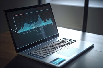 Business laptop analyzes data and analytics for marketing strategy planning. A close-up of a modern computer screen displaying charts and tables related to finance and success. Ai generative.