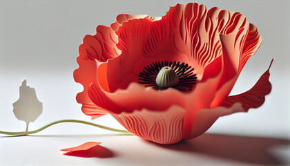 Poppy paper flower on white background. Generative AI digital illustration