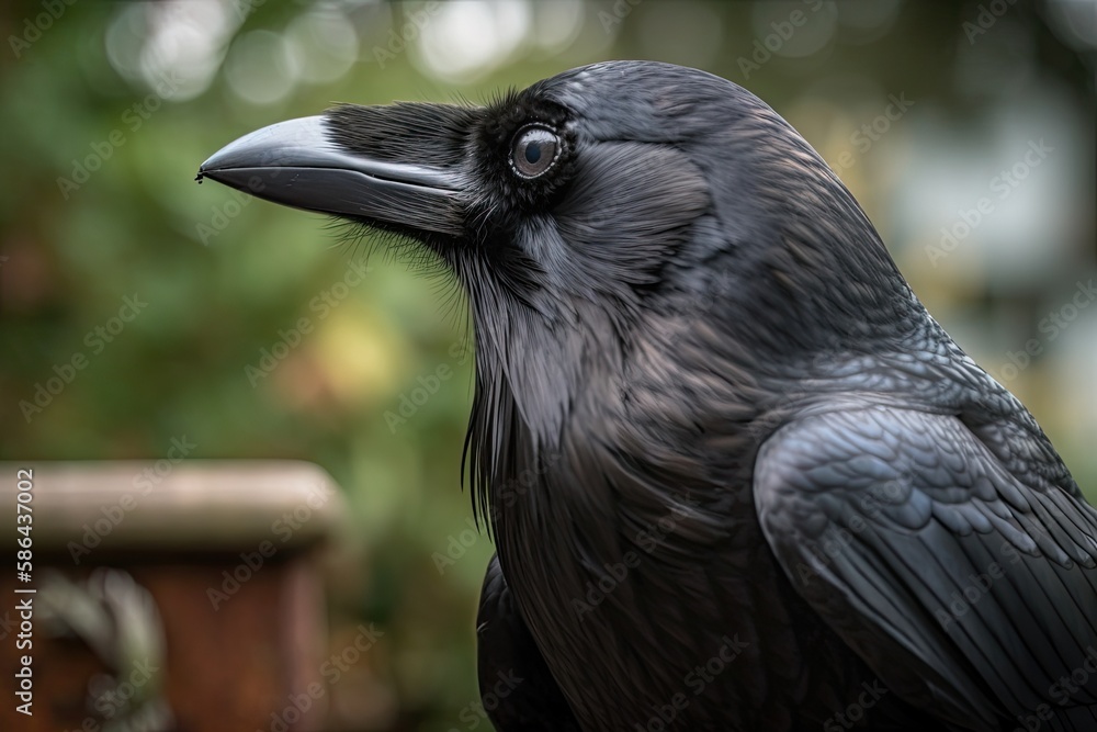 Poster black bird perched on a tree branch in close-up. generative ai