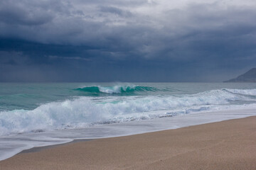 Big storm waves of Mediterranean sea on Alanya beach Turkey coast