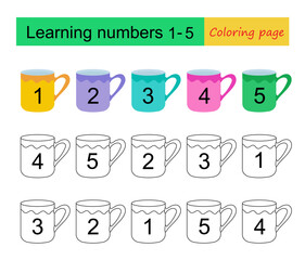 Learning numbers 1-5. Coloring page. Educational material for kids. Preschool worksheet activity. Vector illustration