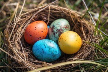 Naklejka na ściany i meble birds nest with three eggs on a bed of grass. Generative AI