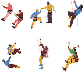 Climbing extreme sport icons set, flat vector illustration isolated on white background.