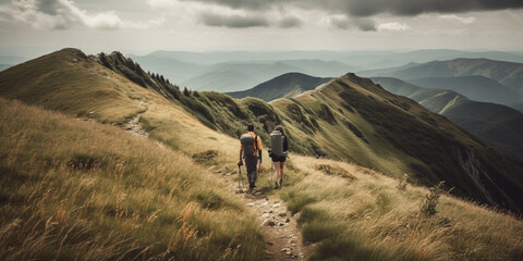 Obraz premium Couple of hikers on the trail in mountains. back view Generative AI