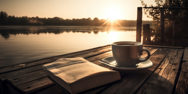 Cup Of Coffee And Book On Wooden Pier On Summer Lake Sunset Generative AI