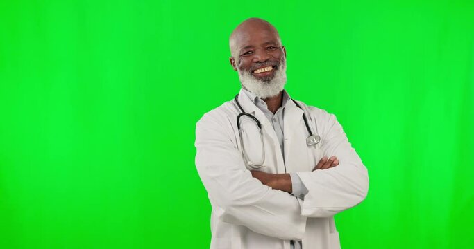 Green screen, black doctor and arms crossed isolated on studio background healthcare leadership and happy career mindset. Confident portrait of senior professional, proud medical man and mockup space