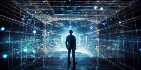 Obraz premium Digital technology, internet network connection, big data, digital marketing IoT internet of things. Man using modern computer surfing internet futuristic innovative technology background Generative A