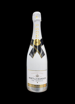 Yerevan, Armenia, March 27, 2023: Moet and Chandon Ice Imperial champagne standing on black table