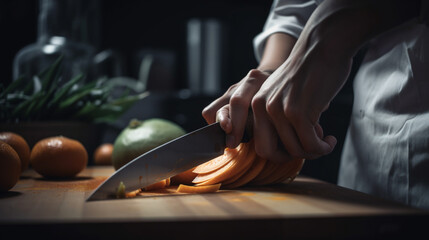 man slicing fruit