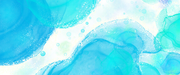水と泡をイメージした水色の背景素材の水彩画