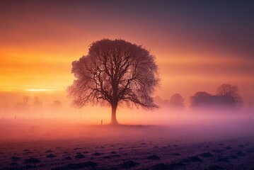 Obraz na płótnie Canvas Sunrise in Brandenburg, Germany, depicting a mysterious tree standing in the mist on a field awash in warm hues captured by nature photographers. Generative AI