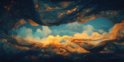 Cosmic windblown floating fabric folds as dreamlike ocean waves, vivid orange sunset horizon, imaginary twilight starry night cloudscape, soft soothing fantasy background - generative AI