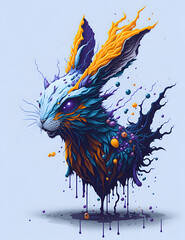 Rabbit head with creative colorful splash abstract elements on white background. Generative AI.
