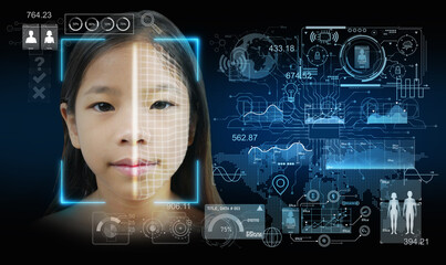 Authentication by facial recognition or face detection. Biometric security system. Cybersecurity...