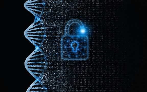 DNA decode, biological, genetic decoding concept. Genom map. The DNA strand, nucleic acid double helix, is being read or unlocked. Genomic sequencing technology.