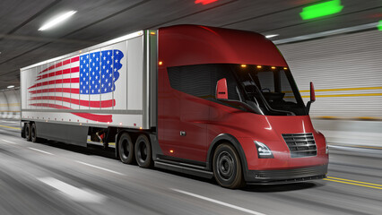 Electric Semi-Trailer Truck driving through a tunnel 3D-render