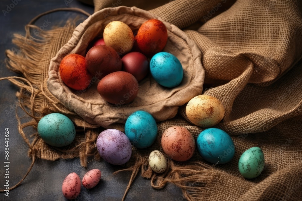Poster eggs resting on a fabric background. generative ai