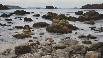 Fototapeta na wymiar An image depicting some rocks on the shore, AI generated