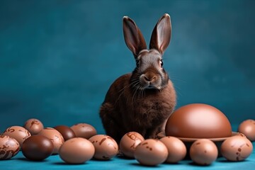 Fototapeta na wymiar cute rabbit surrounded by colorful Easter eggs. Generative AI