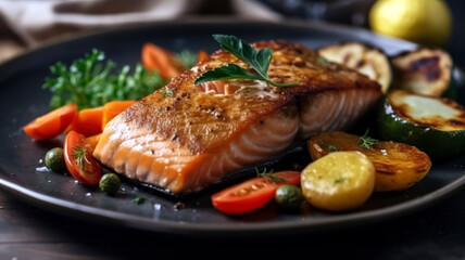 A Sumptuous Salmon Steak Meal with Golden Potatoes and Healthy Greens