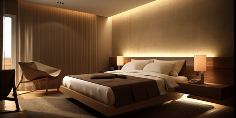 Modern hotel room with warm colour walls interior design Generative AI