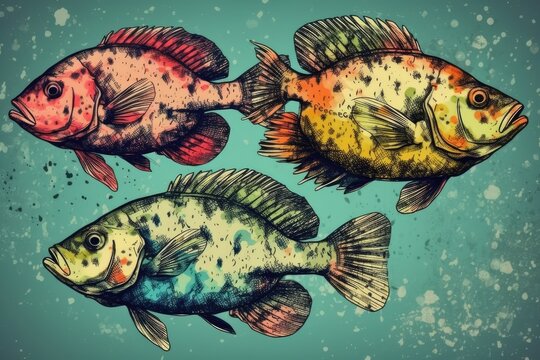 three colorful fish swimming in a vibrant underwater world. Generative AI
