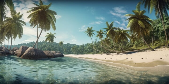 A tropical beach with palm trees and white sand. Sea holidays. Generative AI 