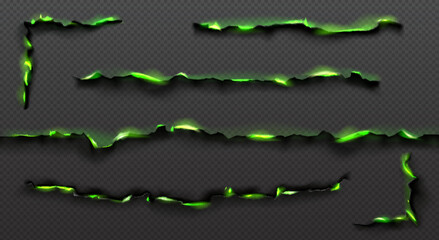 Obraz premium Realistic set of green fire burning paper edges isolated on transparent background. Vector illustration of parchment or document with ripped, damaged, smoldering uneven border destroyed by magic flame