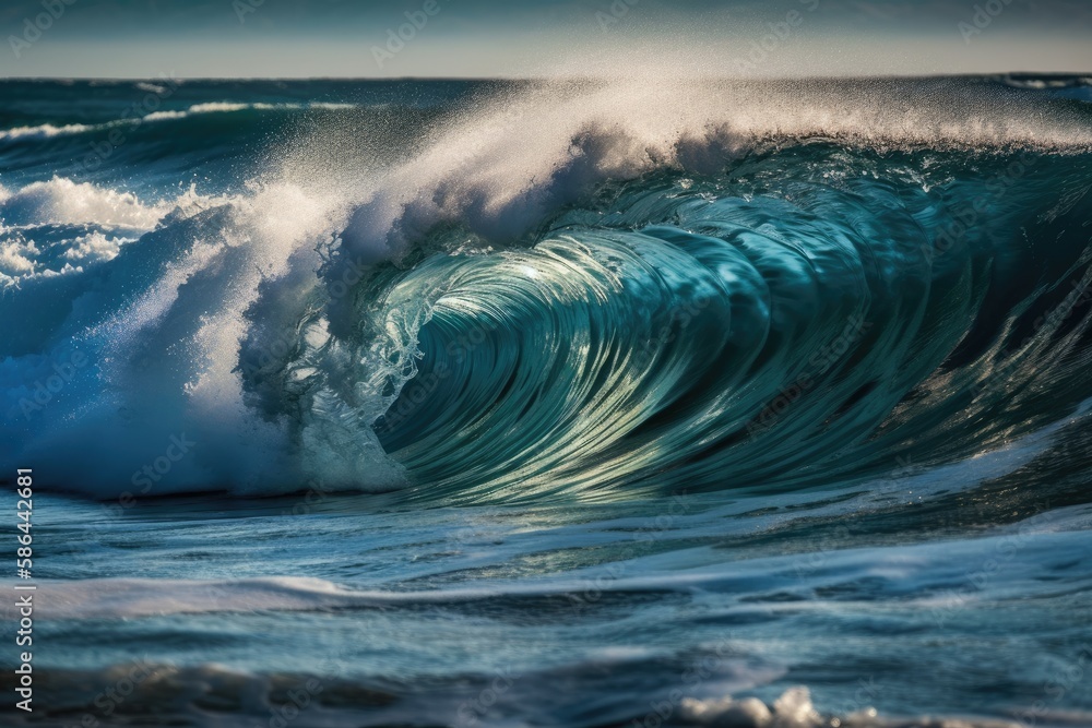 Poster powerful wave crashing in the open sea. generative ai