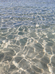 Crystal clear blue water of the Mediterranean Sea on the beach of Fig Tree Bay, white sand is visible at the bottom. Water background.