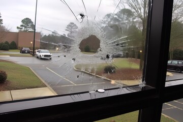 Bullet hole in window. Great for stories of crime, mafia, shootout, extortion, FBI etc. 