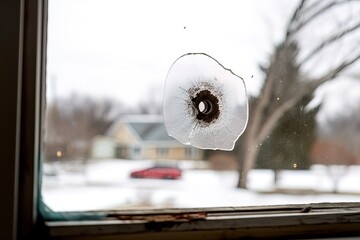 Bullet hole in window. Great for stories of crime, mafia, shootout, extortion, FBI etc. 