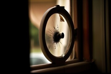 Bullet hole in window. Great for stories of crime, mafia, shootout, extortion, FBI etc. 